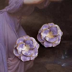 Vintage Literary Oil Painting Enamel Camellia Earrings