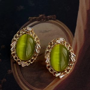 Palace Style Olive Green Glass Cat's Eye Oval Stud Earrings